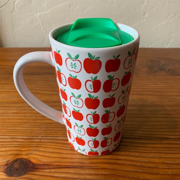 Apple Print Ceramic Travel Mug with Green Lid – 5.5" Tall - Picture 4 of 10